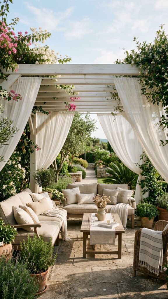 2. Add a Breezy Pergola with Sheer Curtains