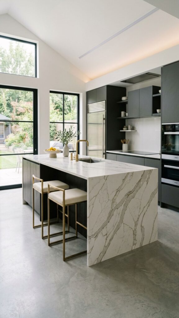 2. Add a Waterfall Countertop for a Modern Look