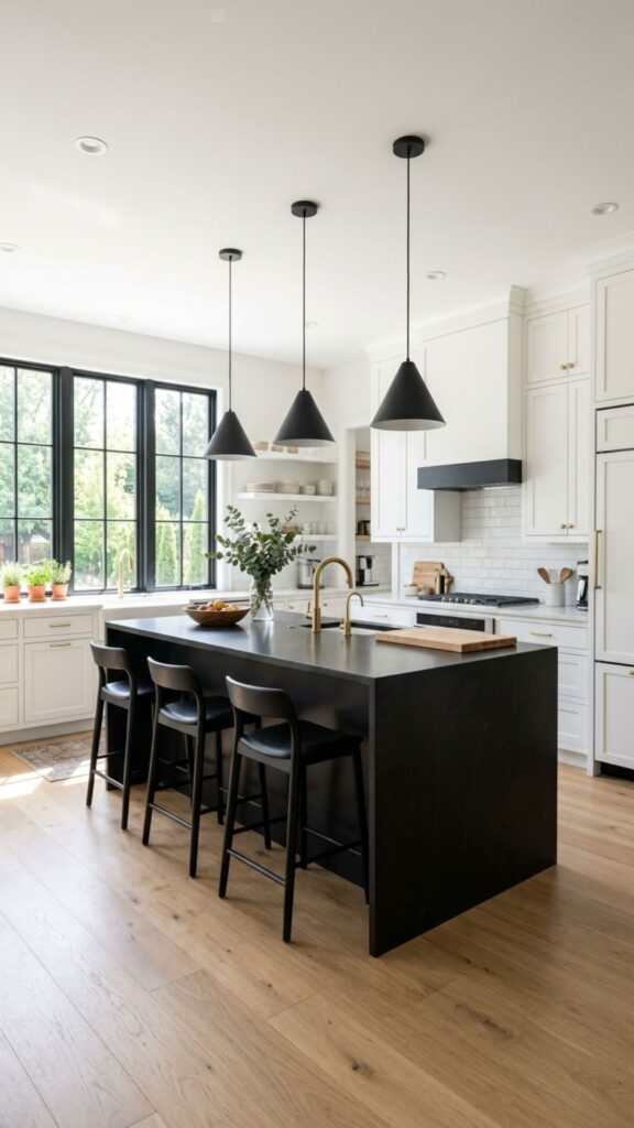2. Bold Black Island in a White Kitchen