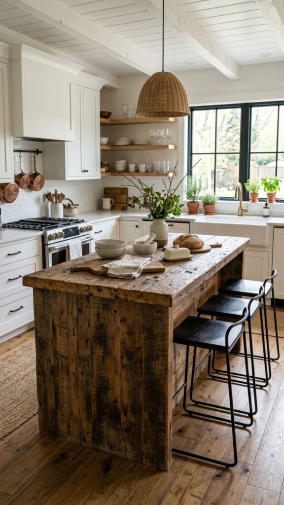 2. Reclaimed Wood Island With Metal Stools