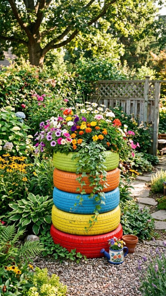2. Transform Old Tires Into Colorful Planters