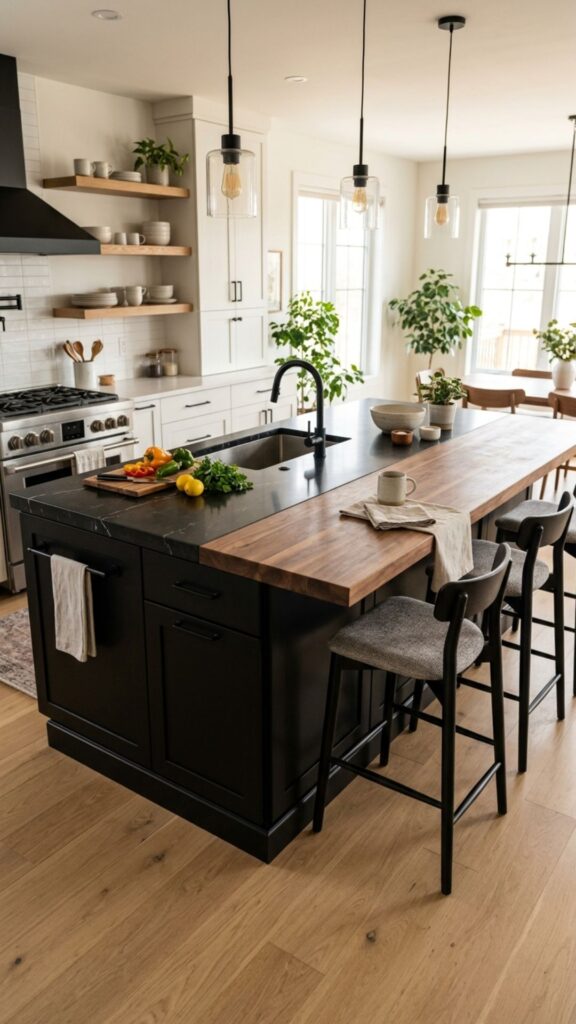 2. Two-Tone Island with Butcher Block Seating Area