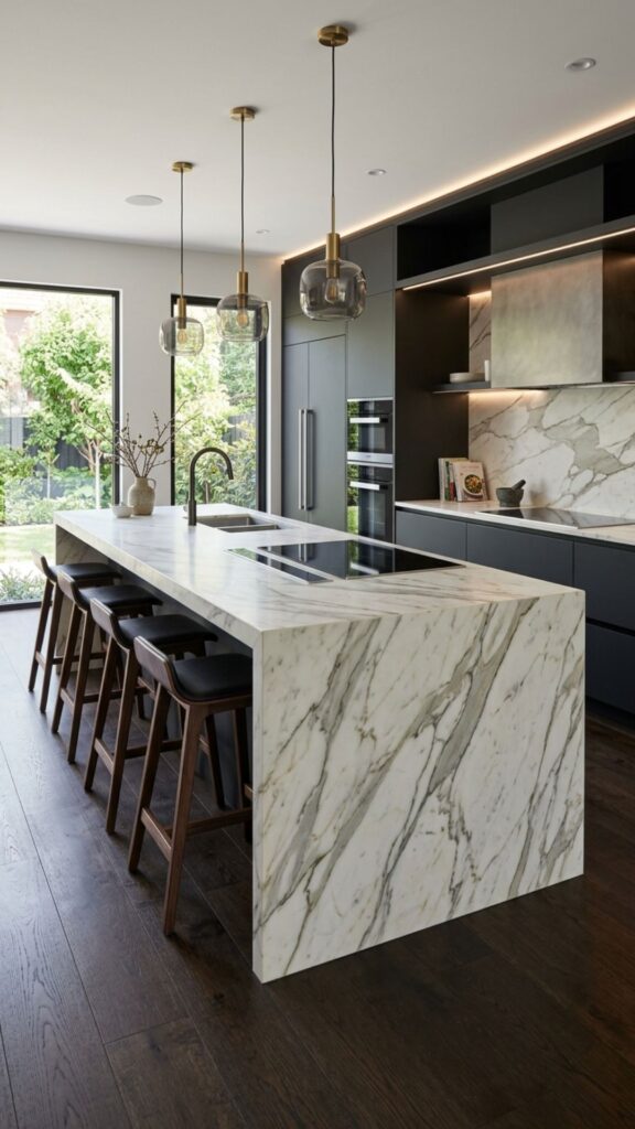 2. Waterfall Marble Countertop Island