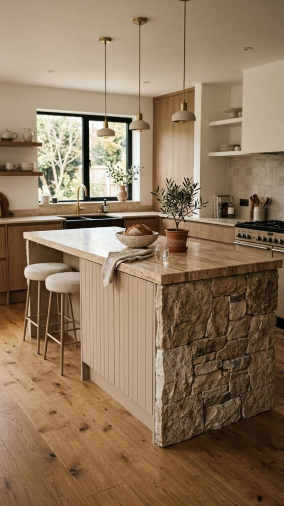 20. Beige Island with Natural Stone Accents
