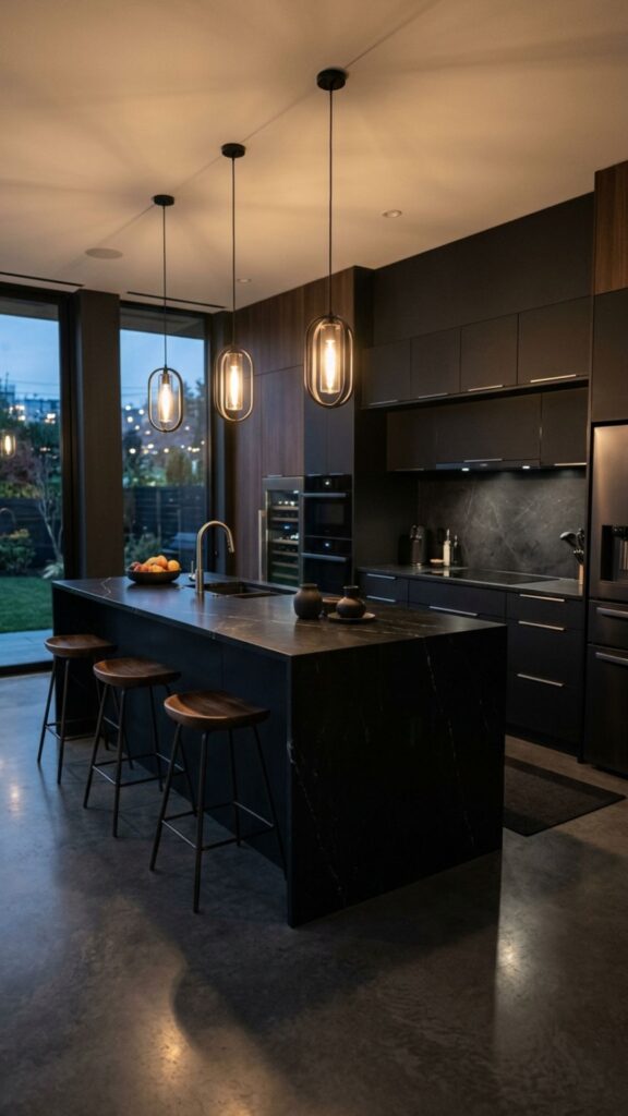 20. Bold Black Island in an All-Dark Kitchen