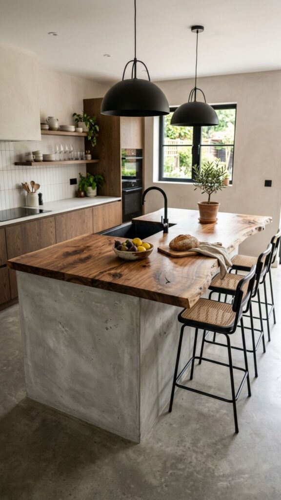 20. Concrete Island With Live-Edge Wood Top