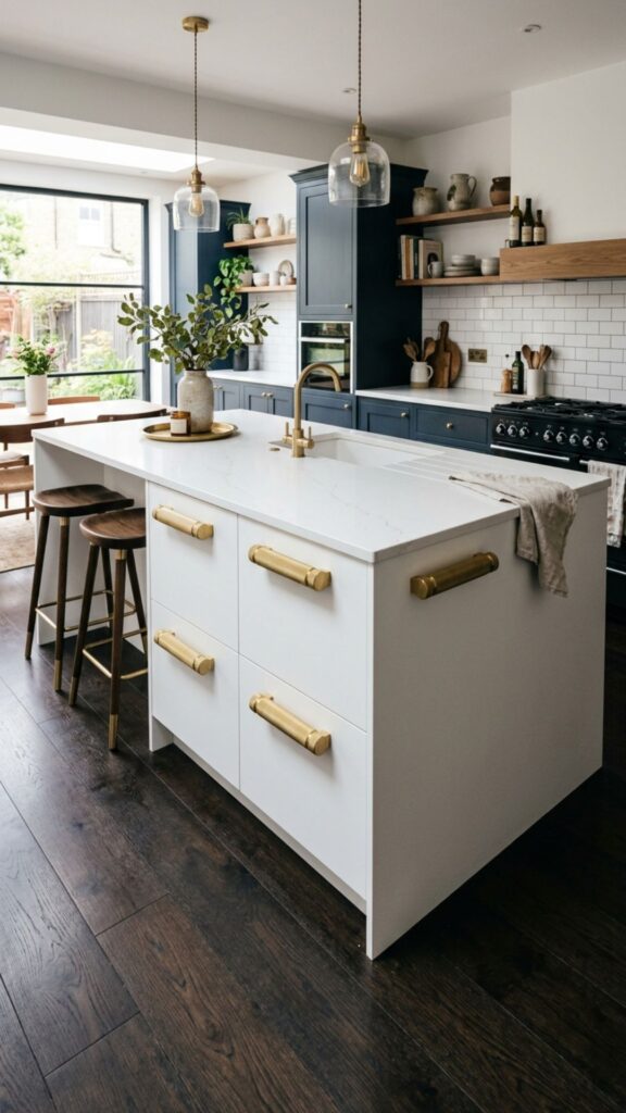 20. Statement White Island with Bold Hardware