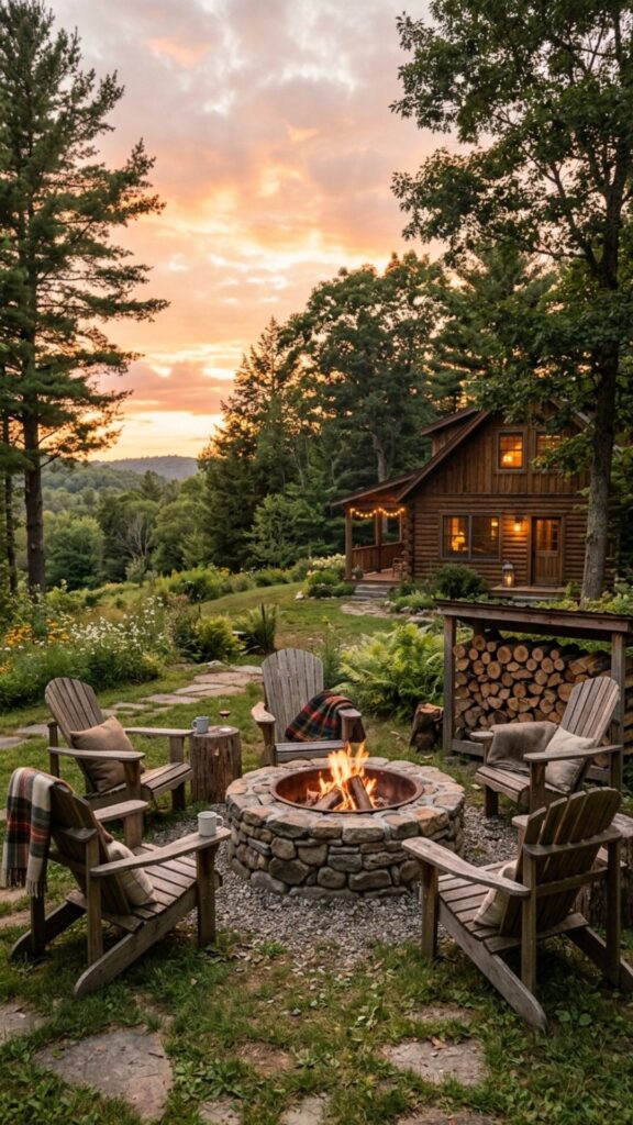 3. Rustic Stone Fire Pit with Adirondack Chairs