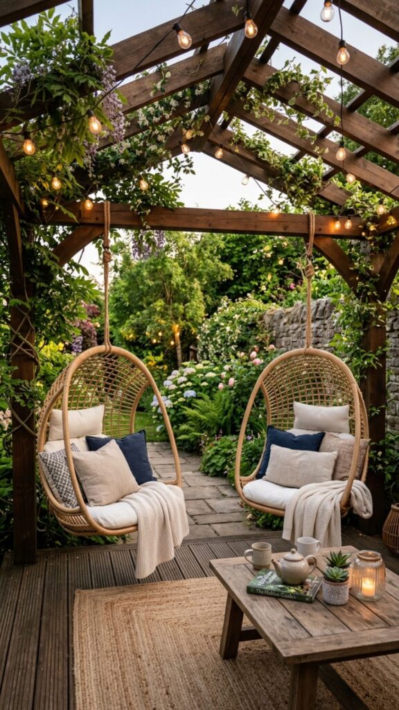 3. Set Up a Pergola with Hanging Chairs