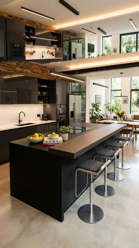 3. Sleek Black Island with Bar-Height Stools
