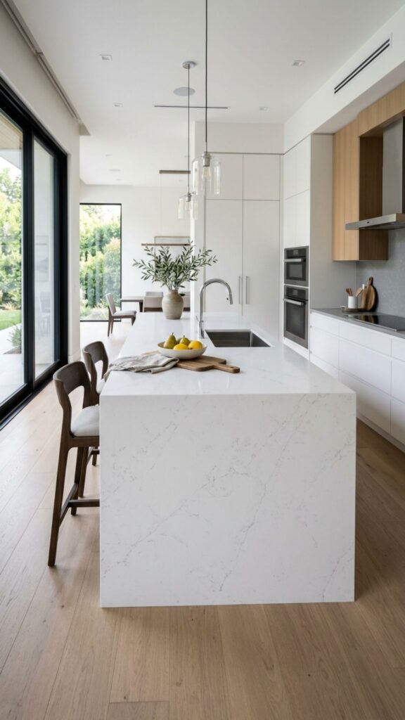 4. Add a Waterfall-Edge Island for a Sleek Look