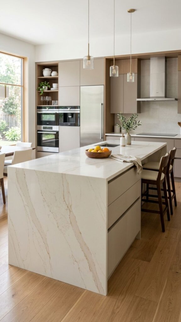 4. Beige Island with a Waterfall Quartz Countertop