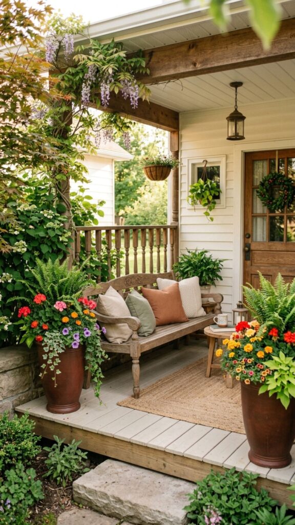 4. Bench Flanked by Potted Plants