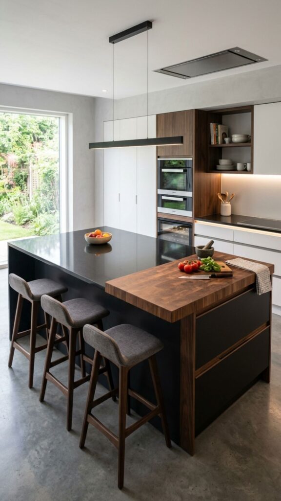 4. Black Counter With a Butcher Block Section