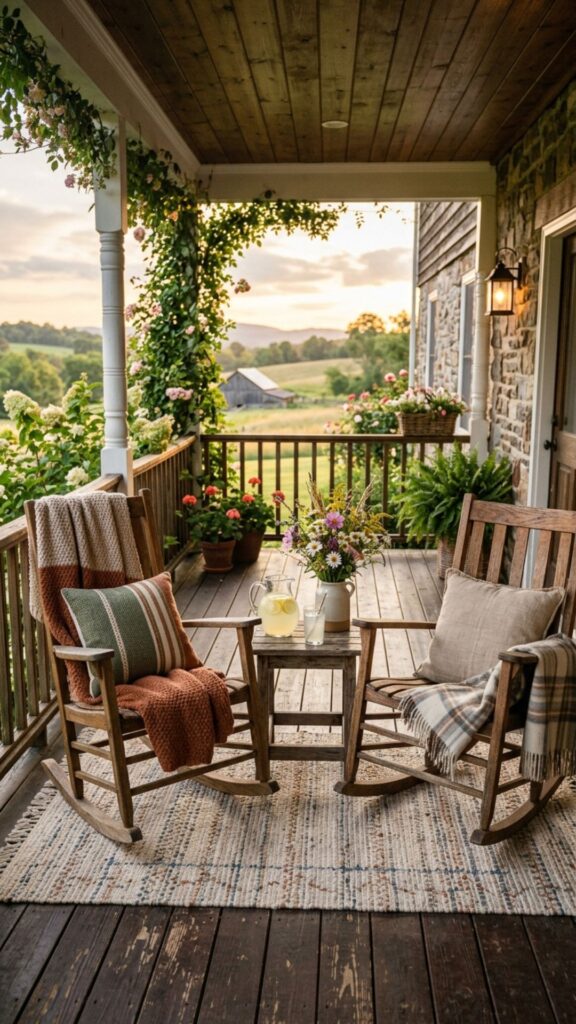 4. Cozy Farmhouse Porch with Rocking Chairs