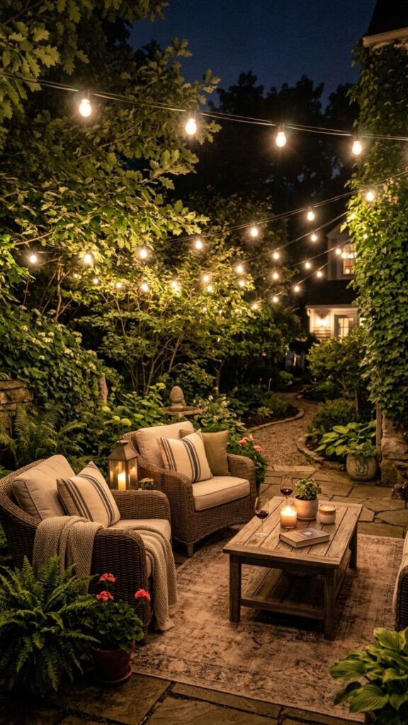 4. Hang String Lights for Warm Evening Glow