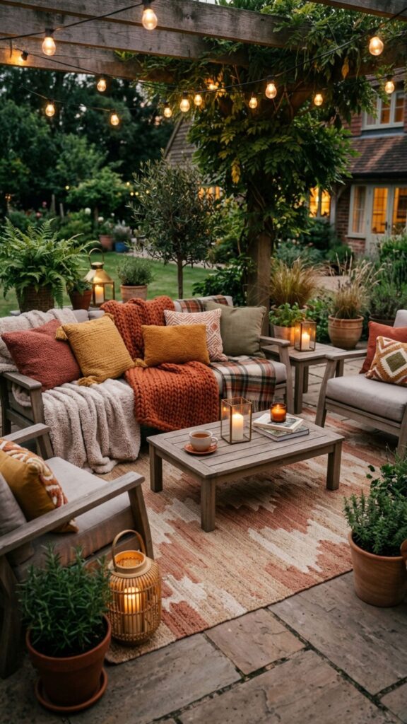 4. Layer in Weatherproof Rugs and Textiles
