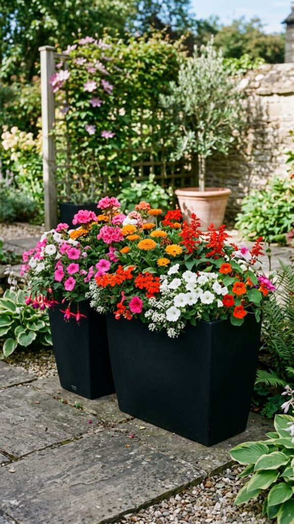 4. Pair Black Planters with Bright Blooms