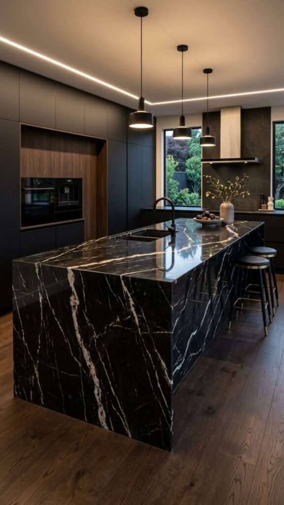 5. Black Marble Waterfall Countertop
