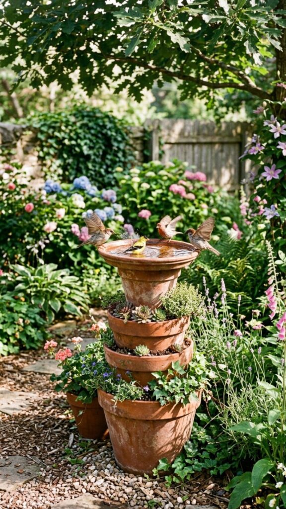 5. Build a Birdbath From Stacked Terracotta Pots