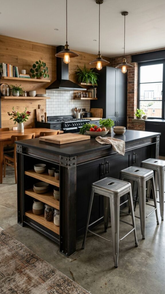 5. Industrial Black Island with Metal Accents