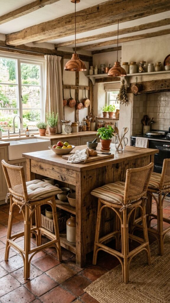 5. Rustic Island With Woven Rattan Stools