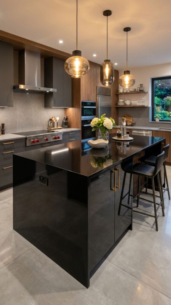 6. High-Gloss Black Island for a Luxe Finish