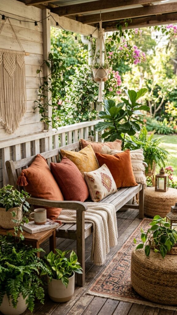 6. Layer Throw Pillows in Warm Tones