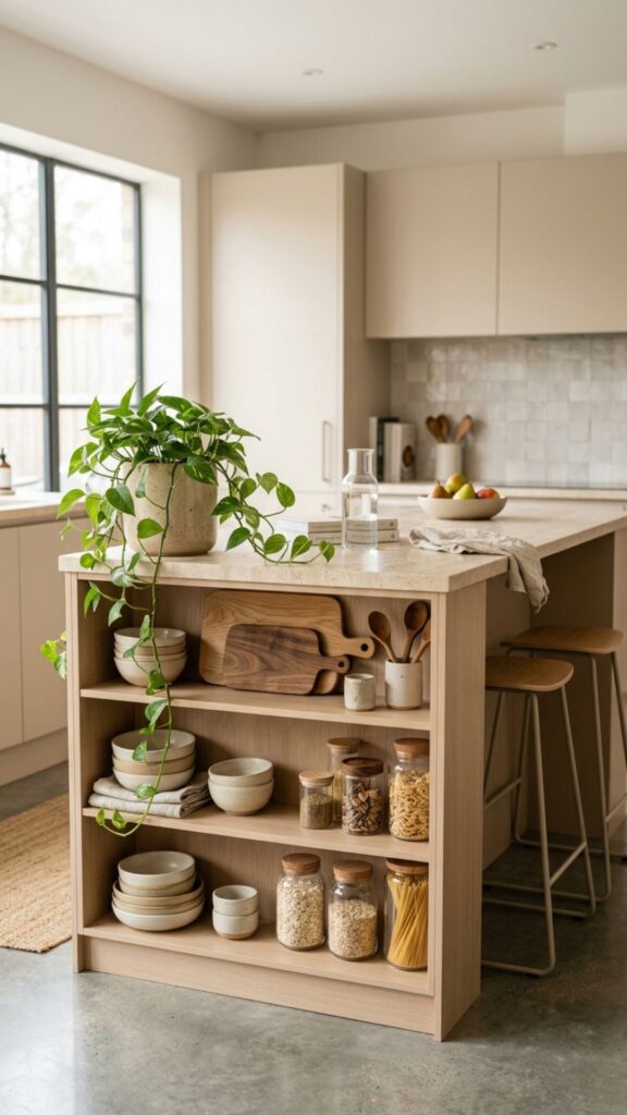 7. Beige Island with Open Shelving