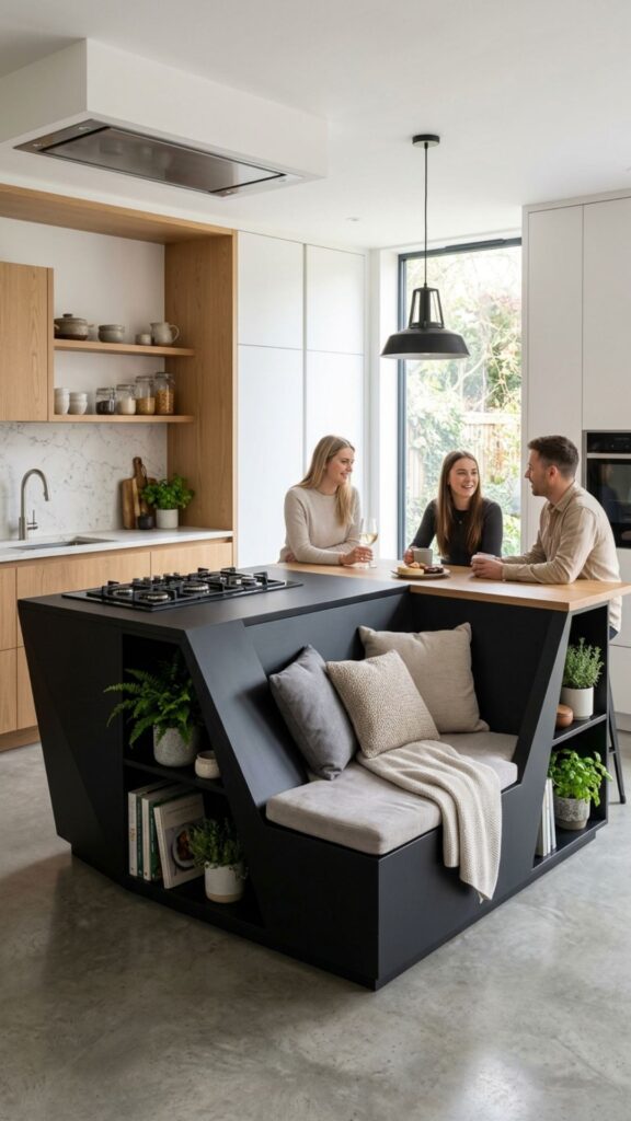 7. Black Island With Integrated Seating