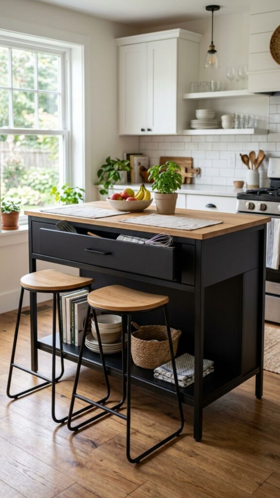 7. Compact Black Island for Small Kitchens