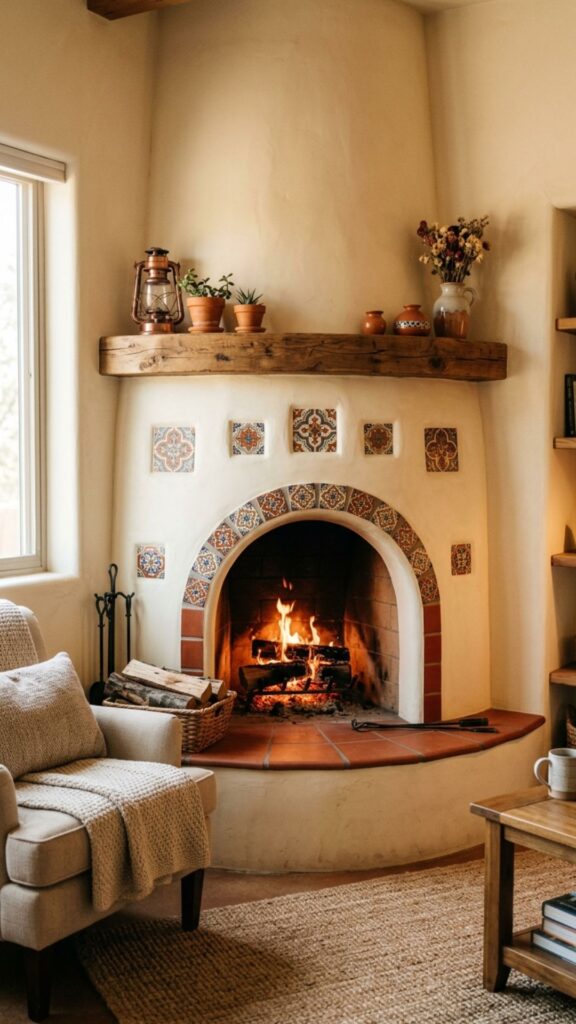 7. Stucco Fireplace with Mediterranean Flair