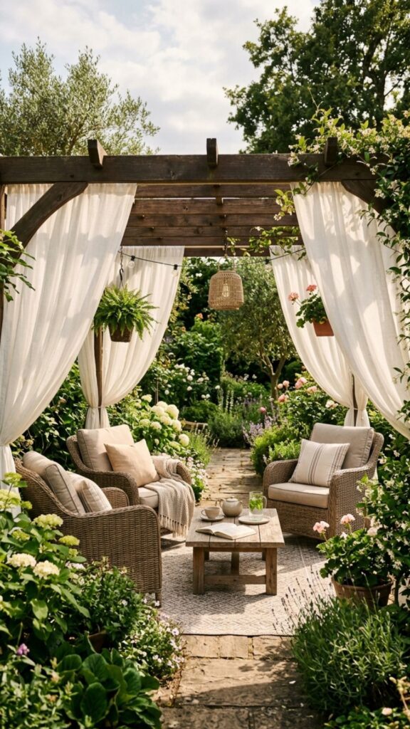 8. Create a Pergola With Draped Curtains