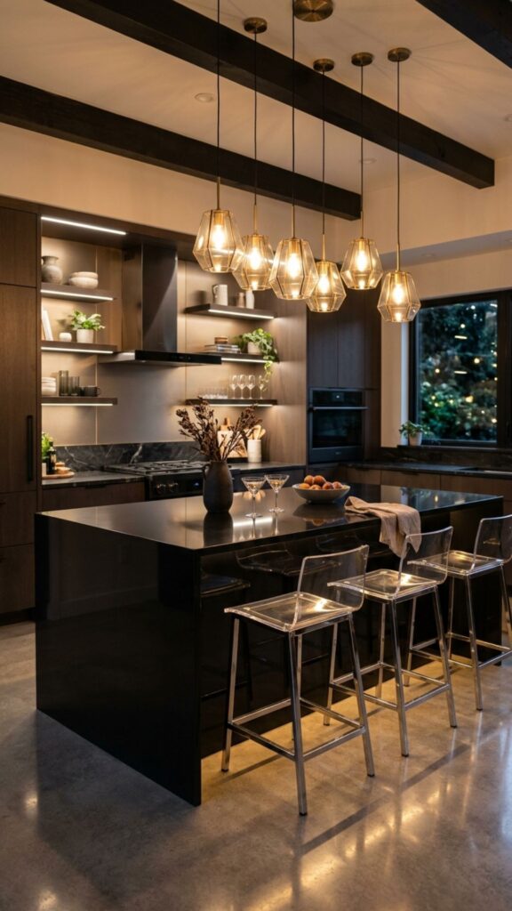 8. Glossy Black Island with Reflective Surfaces