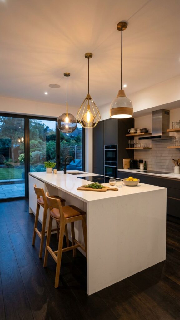 8. White Island with Pendant Lighting Above