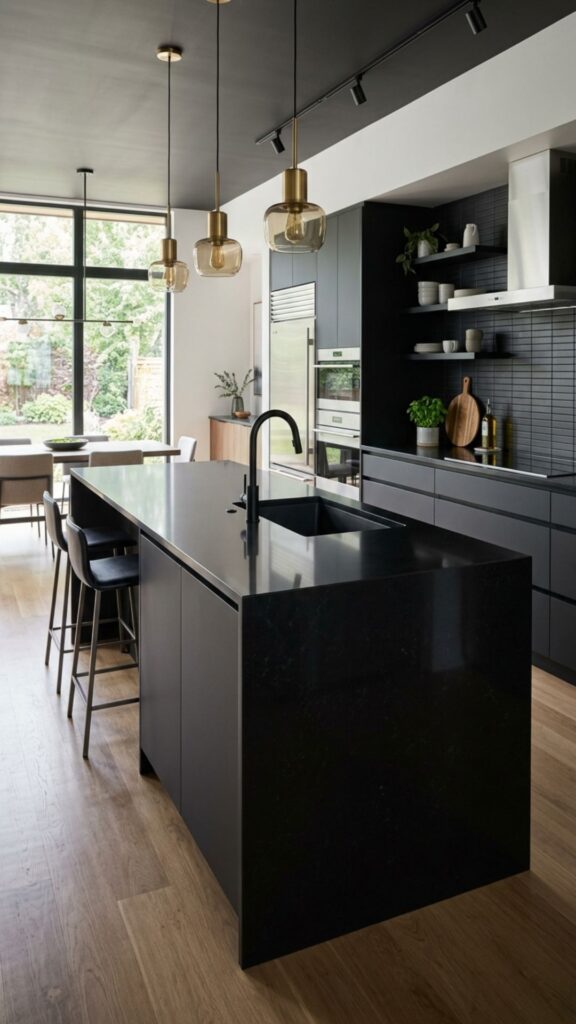 9. Black Counter With Waterfall and Integrated Sink