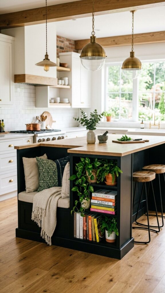 9. Black Island with Open Shelving for Seating Nook