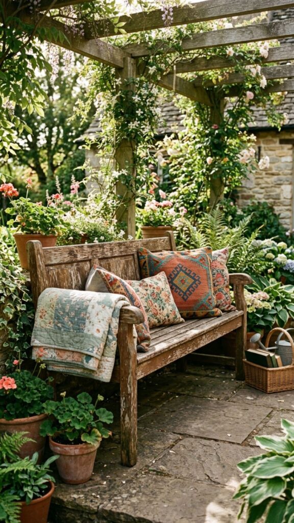 9. Bring in a Vintage Wooden Bench