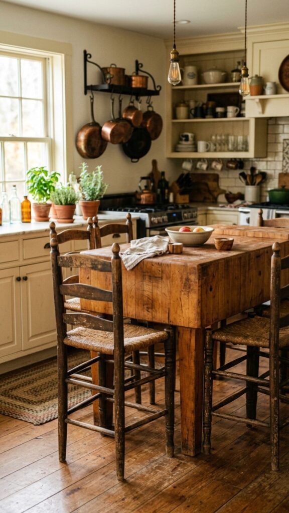 9. Butcher Block Island With Ladder-Back Stools