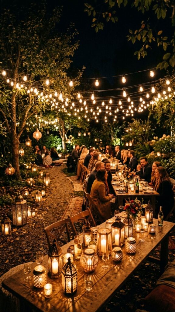9. Combine String Lights With Lanterns