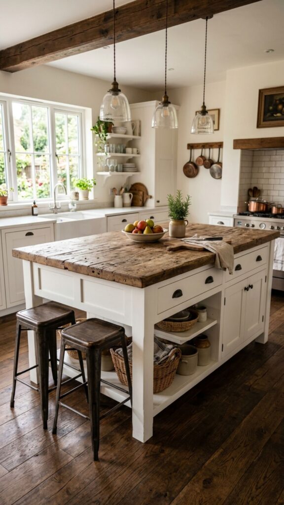 9. Rustic White Island with Reclaimed Wood Top