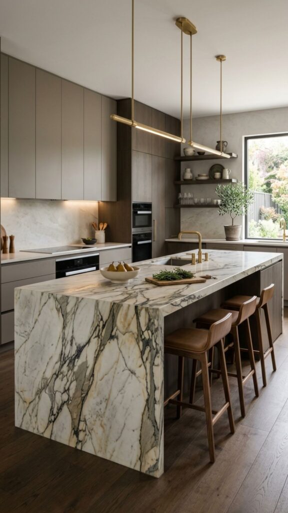 9. Use a Waterfall Countertop in Marble or Quartzite