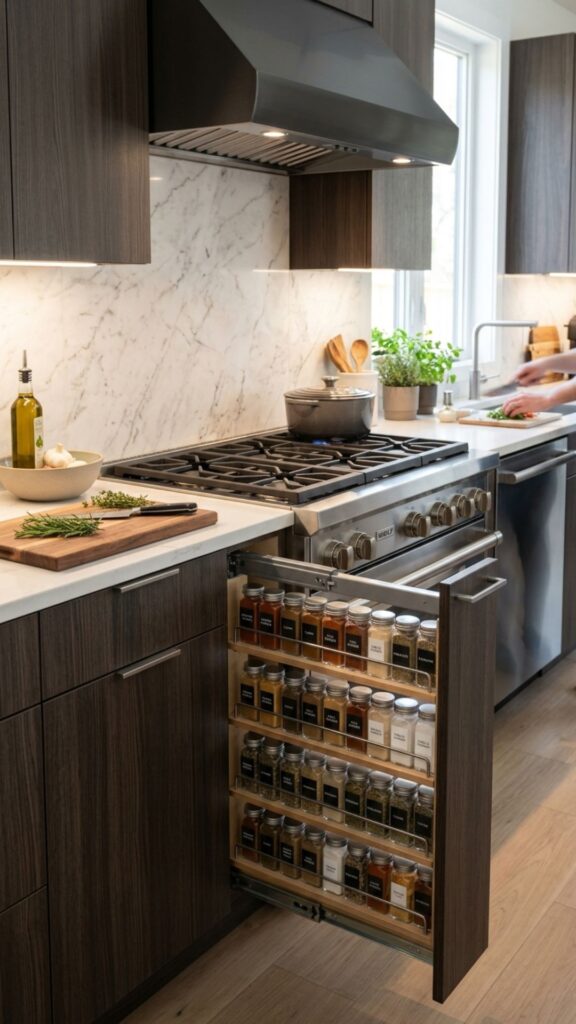 1. Add Slim Pull-Out Cabinets Beside the Stove