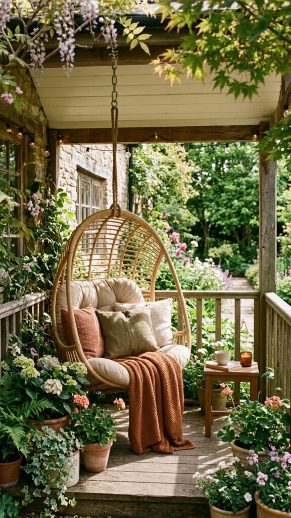 1. Anchor a Small Porch With a Single Hanging Egg Chair