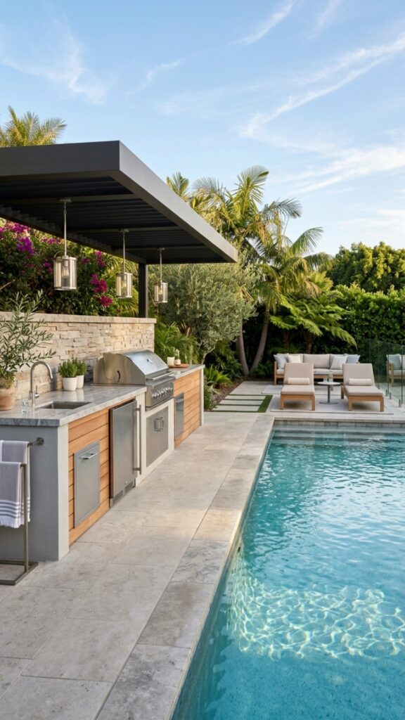 1. Build a Straight-Line Kitchen Along the Pool