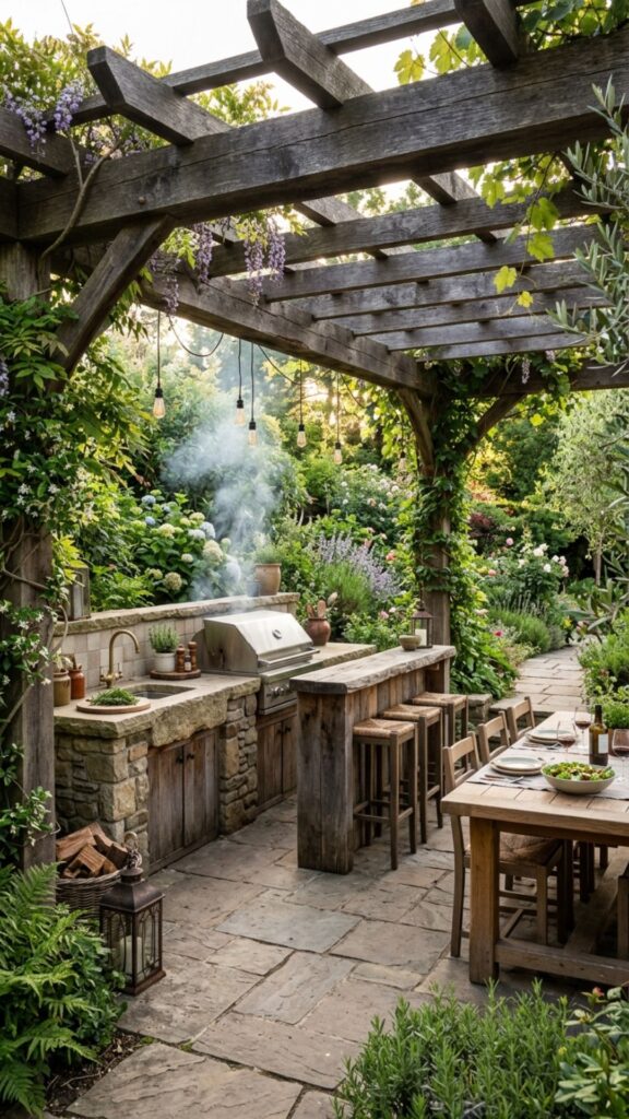 1. Build a Timber Pergola Over a Stone Kitchen