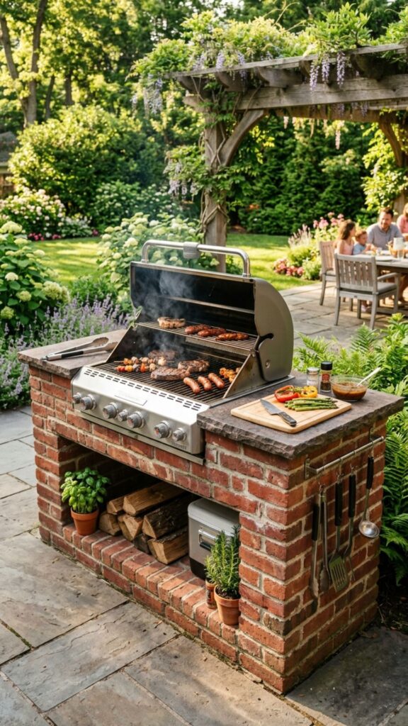 1. Classic Red Brick Grill Island