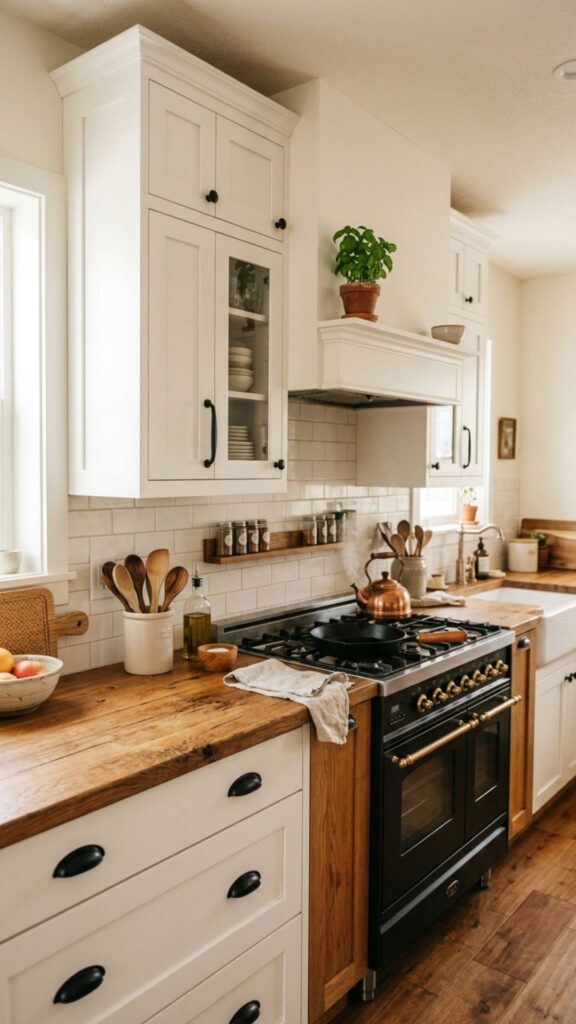 1. Classic White Farmhouse Cabinets Above Stove