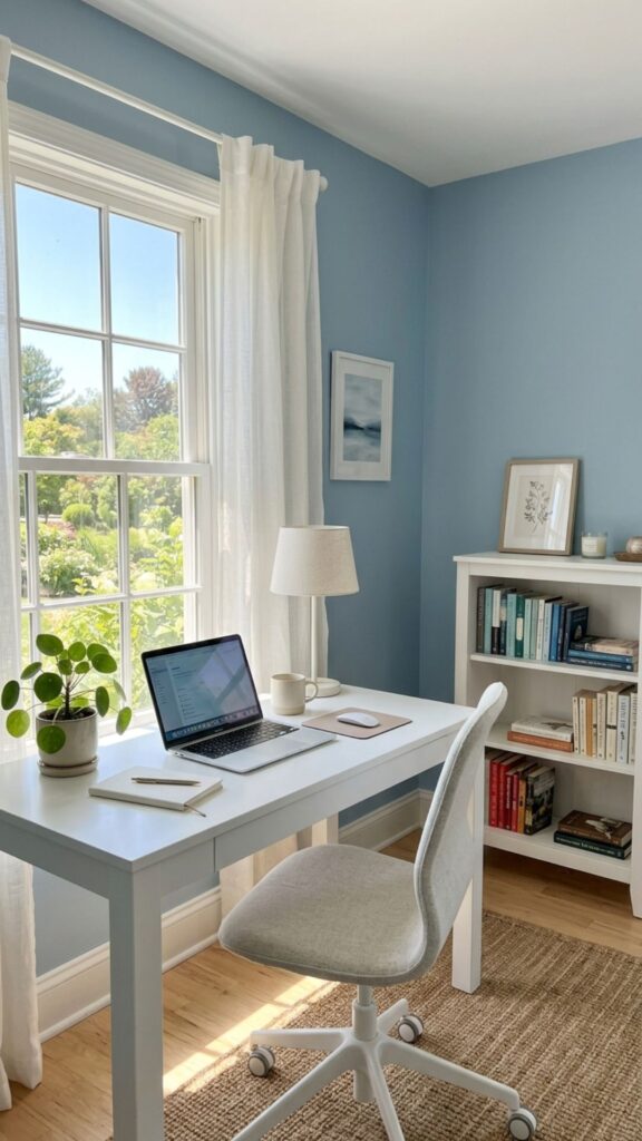 1. Create a Calm Workspace With Soft Blue Walls