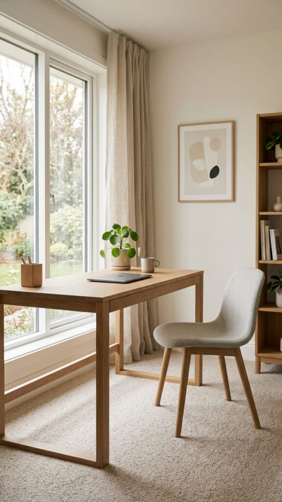 1. Create a Warm Minimalist Office With a Neutral Carpet